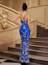 Blue Floral Sequin Split Cocktail Dress